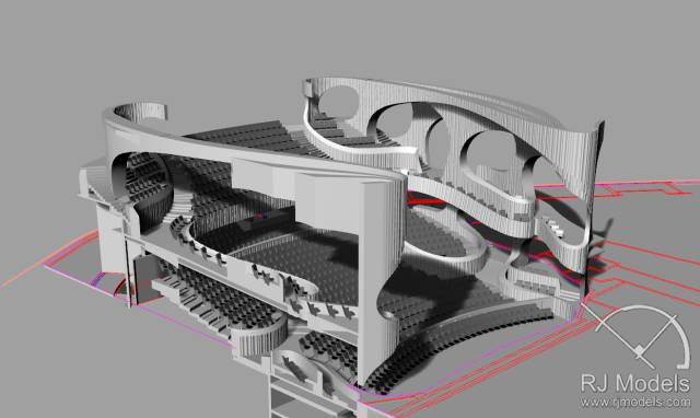 戲曲中心建筑模型的大小為1230mm X 830mm X 590mm ，歷時(shí)1個(gè)月制成。戲曲中心的外觀別樹一格，糅合了傳統(tǒng)與現(xiàn)代元素，整體屬于流線型設(shè)計(jì)，外觀如同舞臺(tái)簾幕一般。從建筑模型的設(shè)計(jì)中觀看，▲戲曲中心的結(jié)構(gòu)為流線外型和內(nèi)部空間， 呈現(xiàn)出「氣」的概念。。